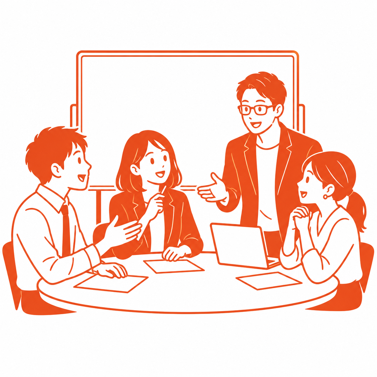 会議で課題と行動を一緒に考えるチームのイラスト